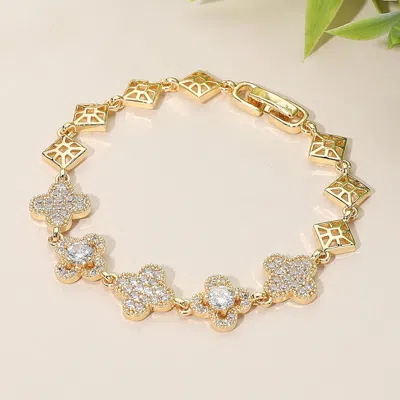 Fashnzfab Cz Stone Paved Quatrefoil Link Bracelet - Gold