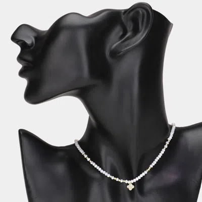 Fashnzfab Cz Stone Paved Quatrefoil Pendant Pointed Faceted Beaded Choker Necklace In Gold