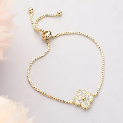 Fashnzfab Cz Stone Paved Quatrefoil Pointed Adjustable Cinch Pull Tie Bracelet Gold
