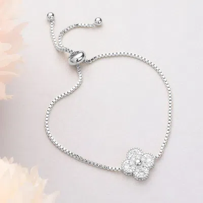 Fashnzfab Cz Stone Paved Quatrefoil Pointed Adjustable Cinch Pull Tie Bracelet Silver