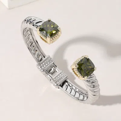 Fashnzfab Cz Stone Paved Square Tip Two Tone Twisted Metal Hinged Cuff Bracelet In Metallic