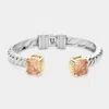 Fashnzfab Cz Stone Paved Square Tip Two Tone Twisted Metal Hinged Cuff Bracelet Peach, Two Tone In Multi