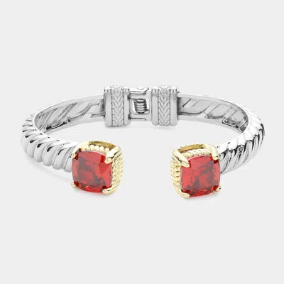 Fashnzfab Cz Stone Paved Square Tip Two Tone Twisted Metal Hinged Cuff Bracelet Red, Two Tone In Multi