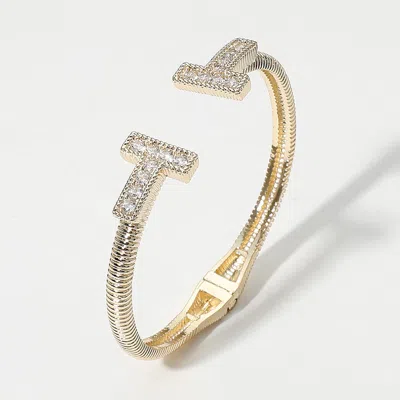 Fashnzfab Cz Stone Paved T Tip Cuff Bracelet Gold In White