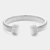 Fashnzfab Cz Stone Paved Tip Pointed Two Tone Coil Cuff Bracelet Rhodium In Multi