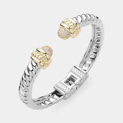 Fashnzfab Cz Stone Paved Tip Two Tone Hinged Bangle Bracelet Two Tone In Multi