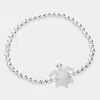 Fashnzfab Cz Stone Paved Turtle Pointed Stainless Steel Ball Beaded Stretch Bracelet Silver In Silver