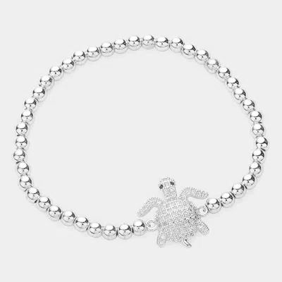Fashnzfab Cz Stone Paved Turtle Pointed Stainless Steel Ball Beaded Stretch Bracelet Silver