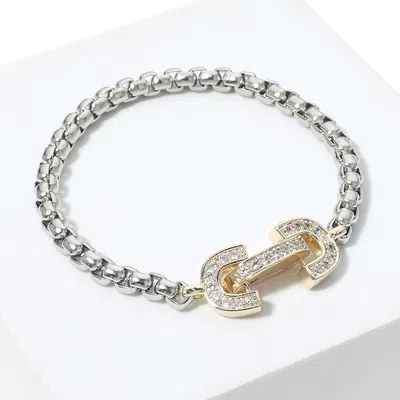 Fashnzfab Cz Stone Paved Two Tone Horsebit Pointed Chain Bracelet Two Tone In Multi