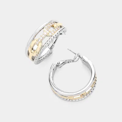 Fashnzfab Cz Stone Paved Two Tone Metal Hoop Earrings In Metallic