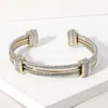 Fashnzfab Cz Stone Paved Two Tone Metal Rope Cuff Bracelet - Two Tone In Metallic