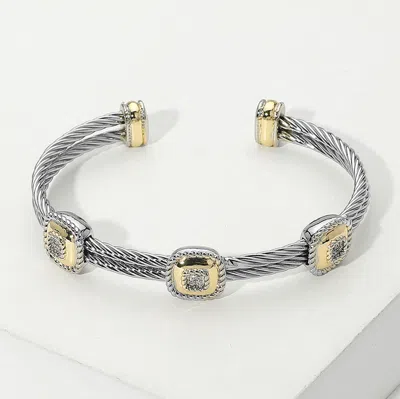 Fashnzfab Cz Stone Paved Two Tone Square Pointed Two Row Twisted Metal Cuff Bracelet Two Tone In Multi