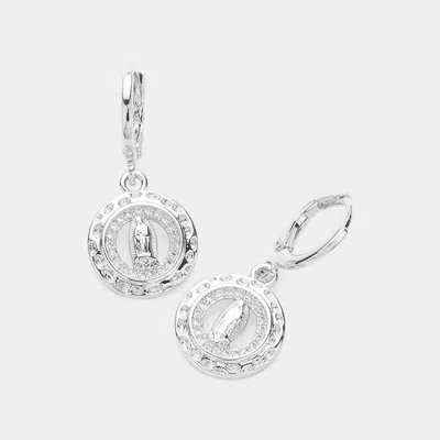 Fashnzfab Cz Stone Paved Virgin Mary Charm Dangle Huggie Earrings In Multi