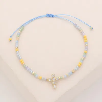 Fashnzfab Cz Stone Pointed Cross Pendant Faceted Beaded Cinch Pull Tie Bracelet Gold, Multi