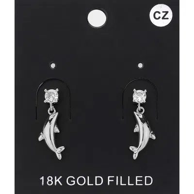 Fashnzfab Cz Stone Pointed Metal Dolphin Dangle Earrings - Clear, Rhodium In Metallic