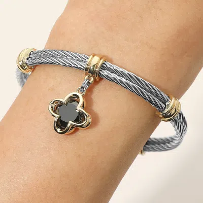 Fashnzfab Cz Stone Quatrefoil Charm Dangle Cuff Bracelet In Silver