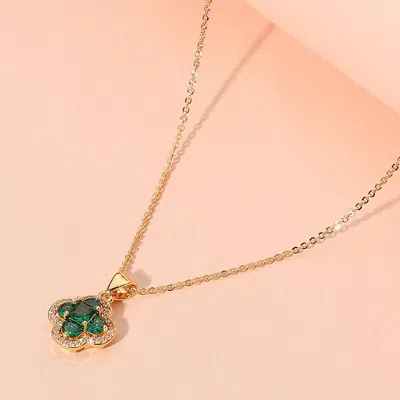 Fashnzfab Cz Stone Quatrefoil Pendant Necklace In Green