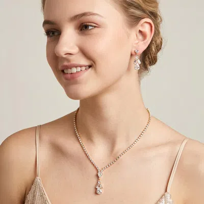 Fashnzfab Cz Stone Teardrop Baguette Triangle Pendant Accent Necklace In Silver