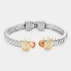 Fashnzfab Cz Stone Tip Hinged Cuff Bracelet Peach, Two Tone In Silver