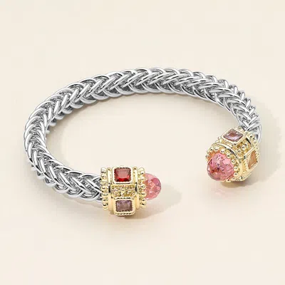 Fashnzfab Cz Stone Tip Textured Metal Cuff Bracelet - Rose, Two Tone In Silver