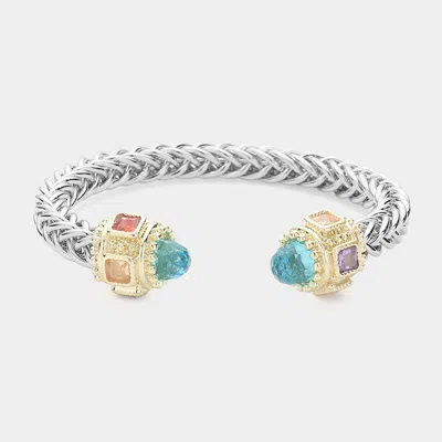 Fashnzfab Cz Stone Tip Textured Metal Cuff Bracelet In Silver