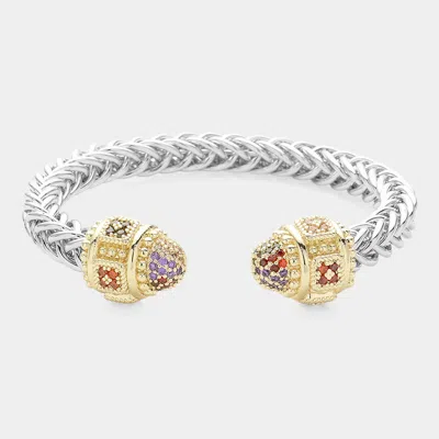 Fashnzfab Cz Stone Tip Textured Metal Cuff Bracelet In Gold