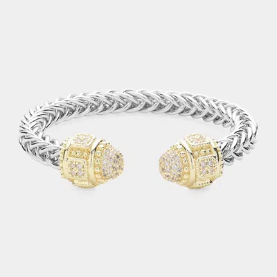 Fashnzfab Cz Stone Tip Textured Metal Cuff Bracelet In Silver