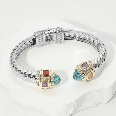 Fashnzfab Cz Stone Tip Two Tone Twisted Hinge Cuff Bracelet Blue In Silver