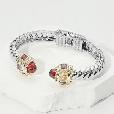 Fashnzfab Cz Stone Tip Two Tone Twisted Hinge Cuff Bracelet In Red