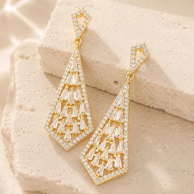 Fashnzfab Cz Tapered Baguette Stone Cluster Dangle Evening Earrings In Gold