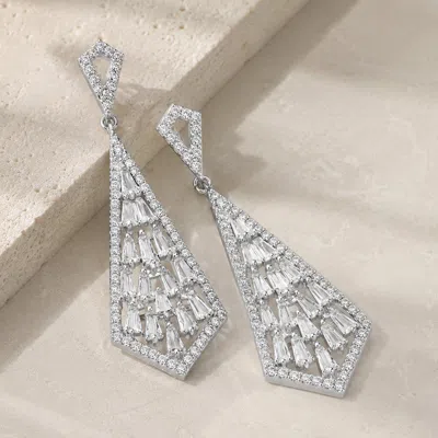 Fashnzfab Cz Tapered Baguette Stone Cluster Dangle Evening Earrings In Silver
