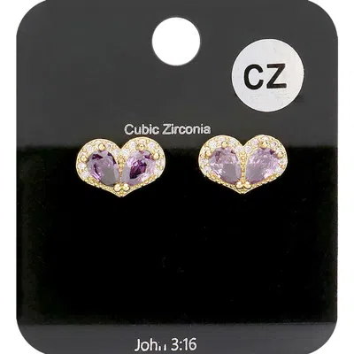 Fashnzfab Cz Teardrop Accented Heart Stud Evening Earrings In Gold