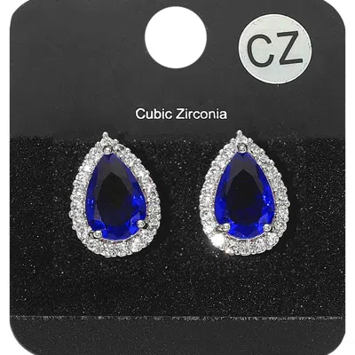 Fashnzfab Cz Teardrop Crystal Rhinestone Stud Earrings In Blue