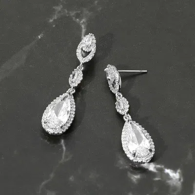 Fashnzfab Cz Teardrop Dangle Evening Earrings In Silver
