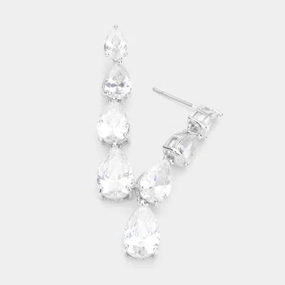 Fashnzfab Cz Teardrop Link Dangle Evening Earrings - Rhodium In White