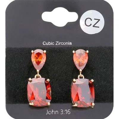 Fashnzfab Cz Teardrop Rectangle Stone Cluster Dangle Evening Earrings - Gold, Siam In Orange