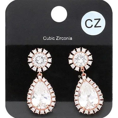 Fashnzfab Cz Teardrop Stone Dangle Evening Earrings - Rose Gold In White