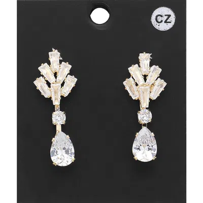 Fashnzfab Cz Teardrop Stone Pointed Dangle Evening Earrings In Gold