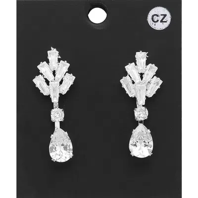 Fashnzfab Cz Teardrop Stone Pointed Dangle Evening Earrings In Silver