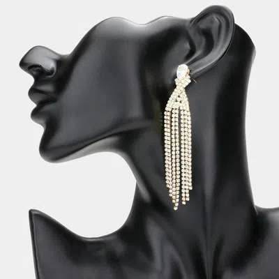 Fashnzfab Cz Teardrop Stone Pointed Fringe Dangle Evening Earrings - Gold In White
