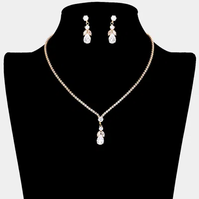 Fashnzfab Cz Teardrop Stone Pointed Pendant Rhinestone Paved Necklace In Gold