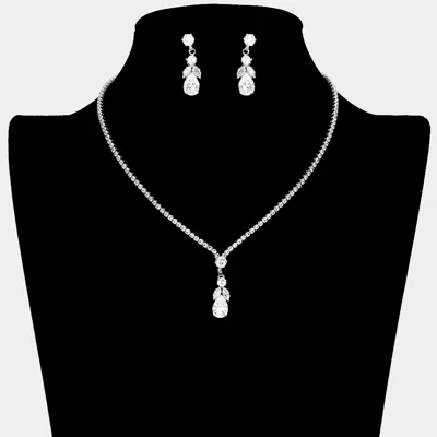Fashnzfab Cz Teardrop Stone Pointed Pendant Rhinestone Paved Necklace In Silver