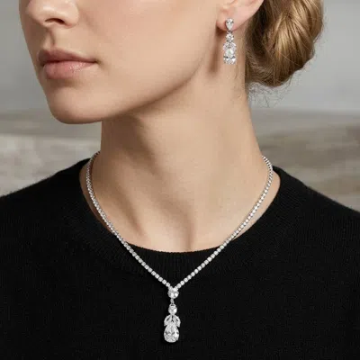Fashnzfab Cz Teardrop Stone Pointed Pendant Rhinestone Paved Necklace In Metallic