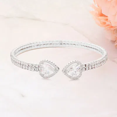 Fashnzfab Cz Teardrop Stone Pointed Tip Rhinestone Paved Cuff Bracelet Clear, Silver
