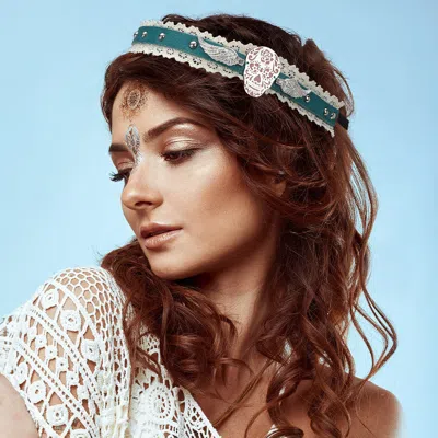Fashnzfab Day Of The Dead Mexican Sugar Skull & Wings Faux Leather Lace Stretch Headband In Blue