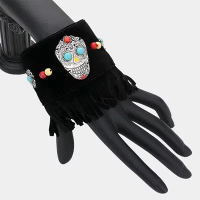 Fashnzfab Day Of The Dead Mexican Sugar Skull Faux Suede Fringe Bracelet Black, Silver Burnished