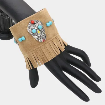 Fashnzfab Day Of The Dead Mexican Sugar Skull Faux Suede Fringe Bracelet Brown, Silver Burnished In Multi
