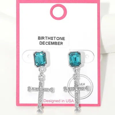 Fashnzfab December - Silver Dipped Birthstone Cross Drop Earrings In Blue