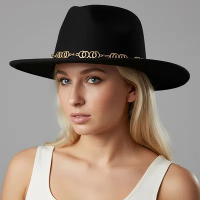 Fashnzfab Decorative Chain Accent Elegant Wide-brim Western Fedora Hat In Black