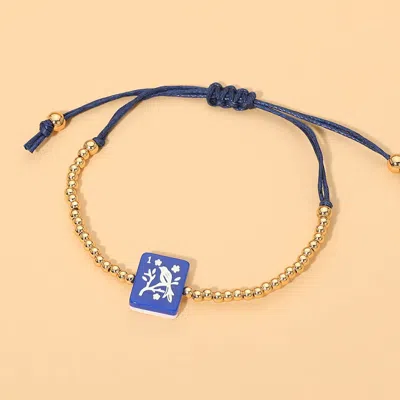 Fashnzfab Decorative Mahjong Charm Beaded Adjustable Cinch Pull Tie Bracelet In Blue